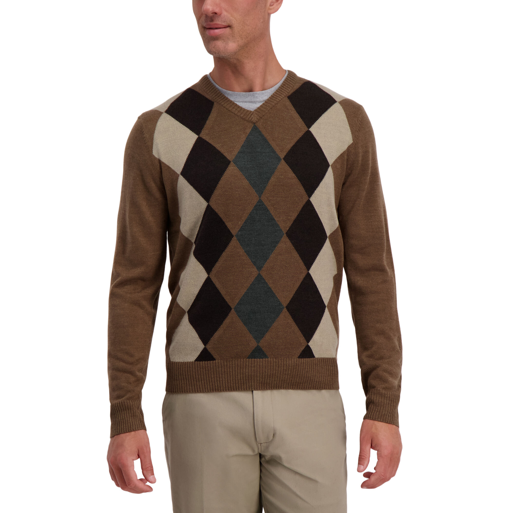 Haggar Argyle V-Neck Sweater Bark (HGHF9S6278) photo