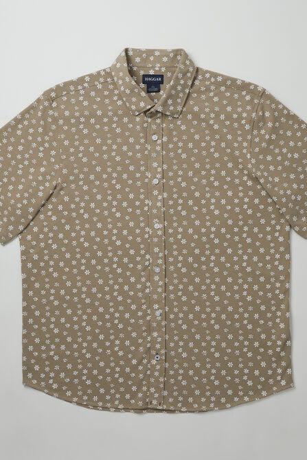 Pique Button Down Shirt - Floral Stamp, Khaki view# 6