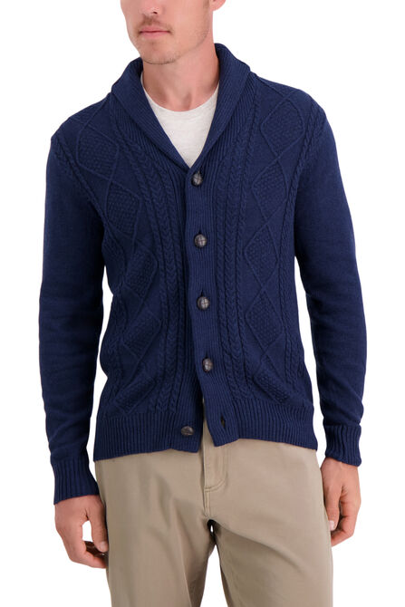 Aran Cable Shawl Button Cardigan, Navy view# 1