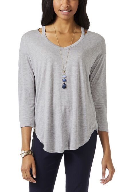 3/4 Sleeve Neck Detail Top, Grey Mix view# 1