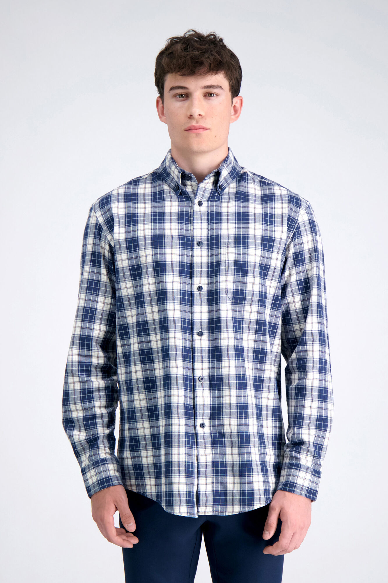Haggar Long Sleeve Brushed Cotton Plaid Shirt Turquoise / Aqua (HW00440 Clothing Shirts & Tops) photo