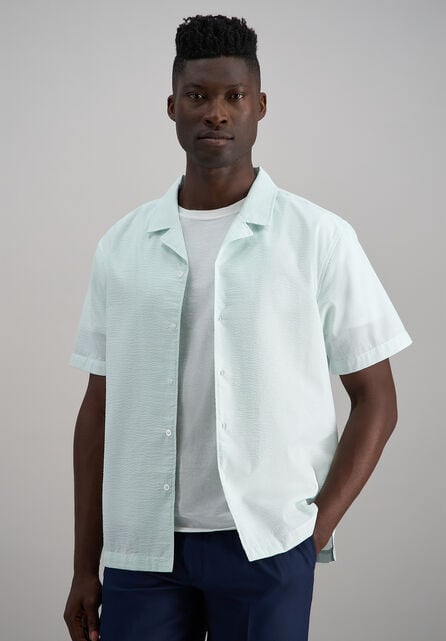Short Sleeve Seersucker Camp Shirt, SEAFOAM