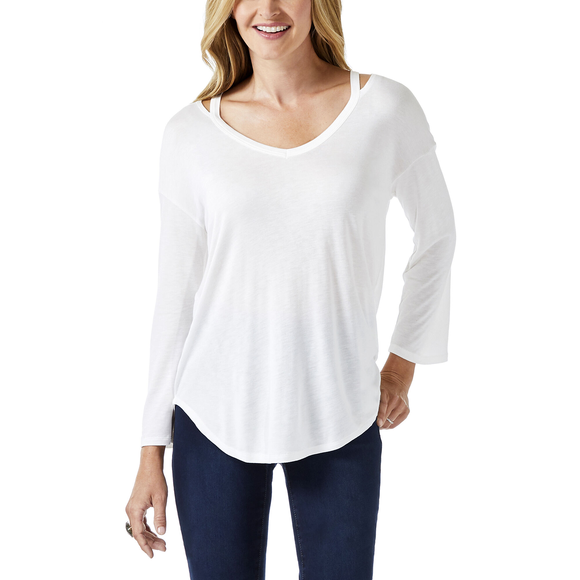 Haggar 3/4 Sleeve Neck Detail Top Cream (2534O-988 Clothing Shirts & Tops) photo
