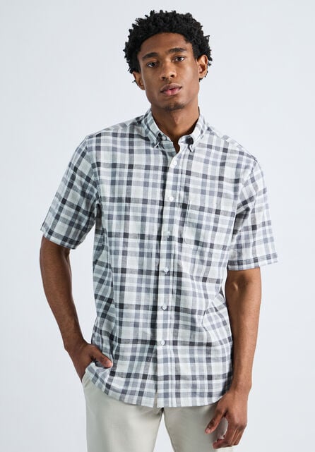 Short Sleeve Button-Down Linen Shirt, Dark Grey