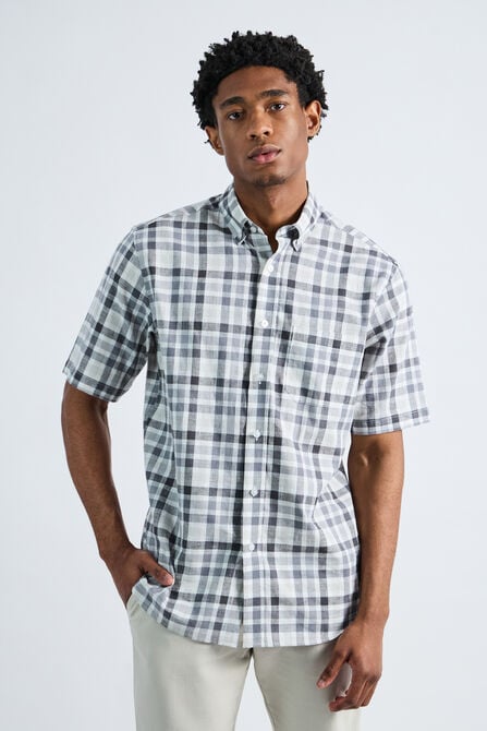 Short Sleeve Button-Down Linen Shirt, Dark Grey view# 1