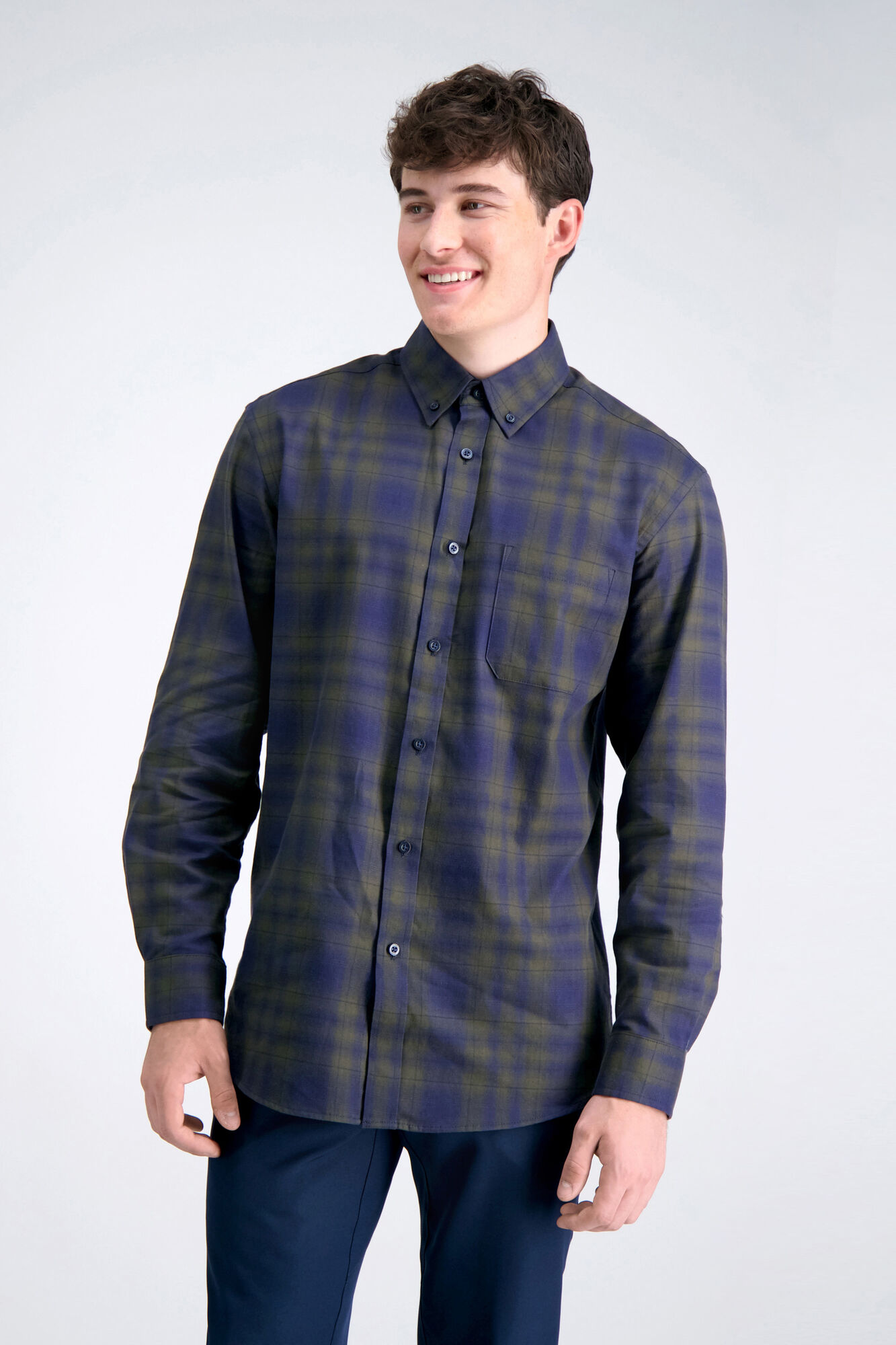 Haggar Long Sleeve Brushed Cotton Plaid Shirt Taupe (HW00450 Clothing Shirts & Tops) photo