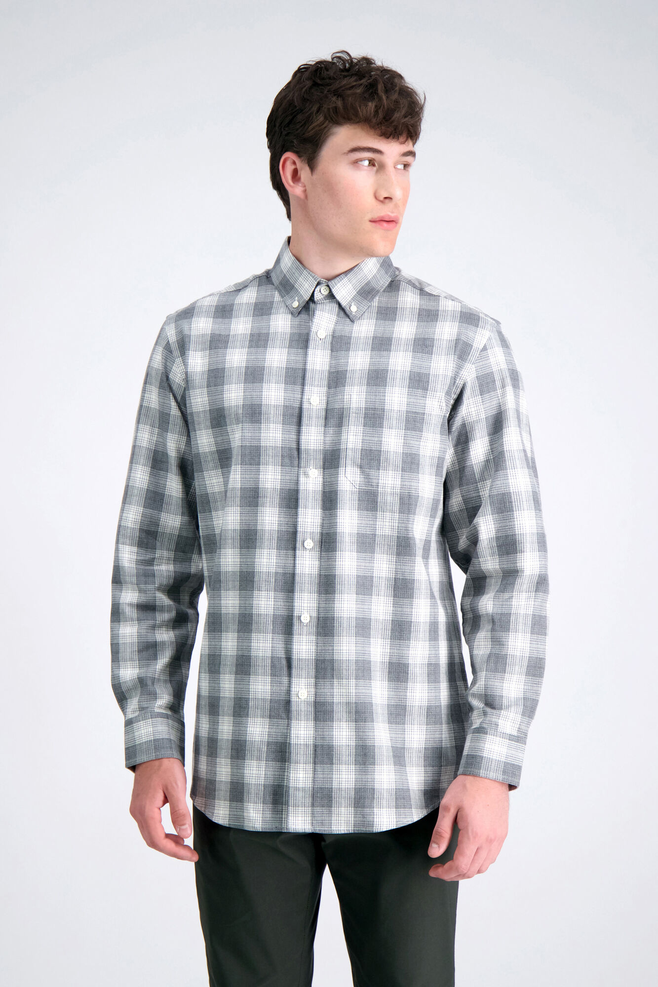 Haggar Long Sleeve Brushed Cotton Plaid Shirt Heather Grey (HW00454 Clothing Shirts & Tops) photo