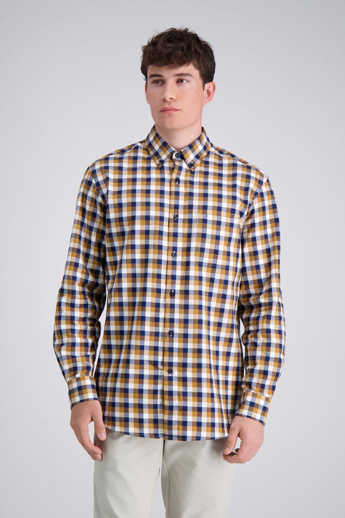 Haggar Long Sleeve Brushed Cotton Plaid Shirt Mocha (HW00452 Clothing Shirts & Tops) photo
