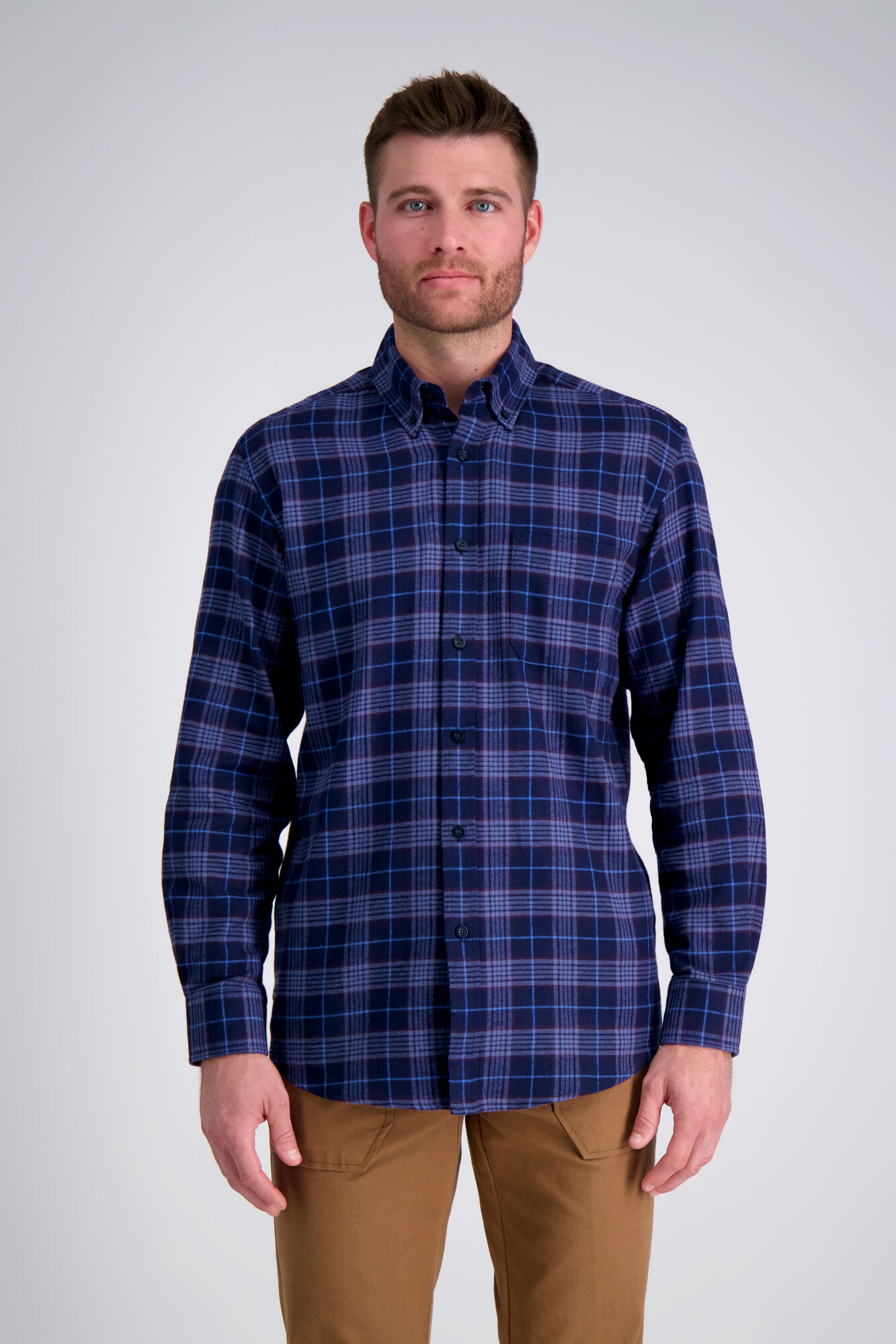 Haggar Long Sleeve Flannel Plaid Shirt Blue (HW00441 Clothing Shirts & Tops) photo