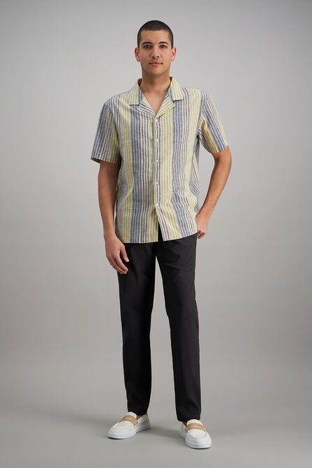 Short Sleeve Linen Stripe Camp Shirt, Yellow view# 3