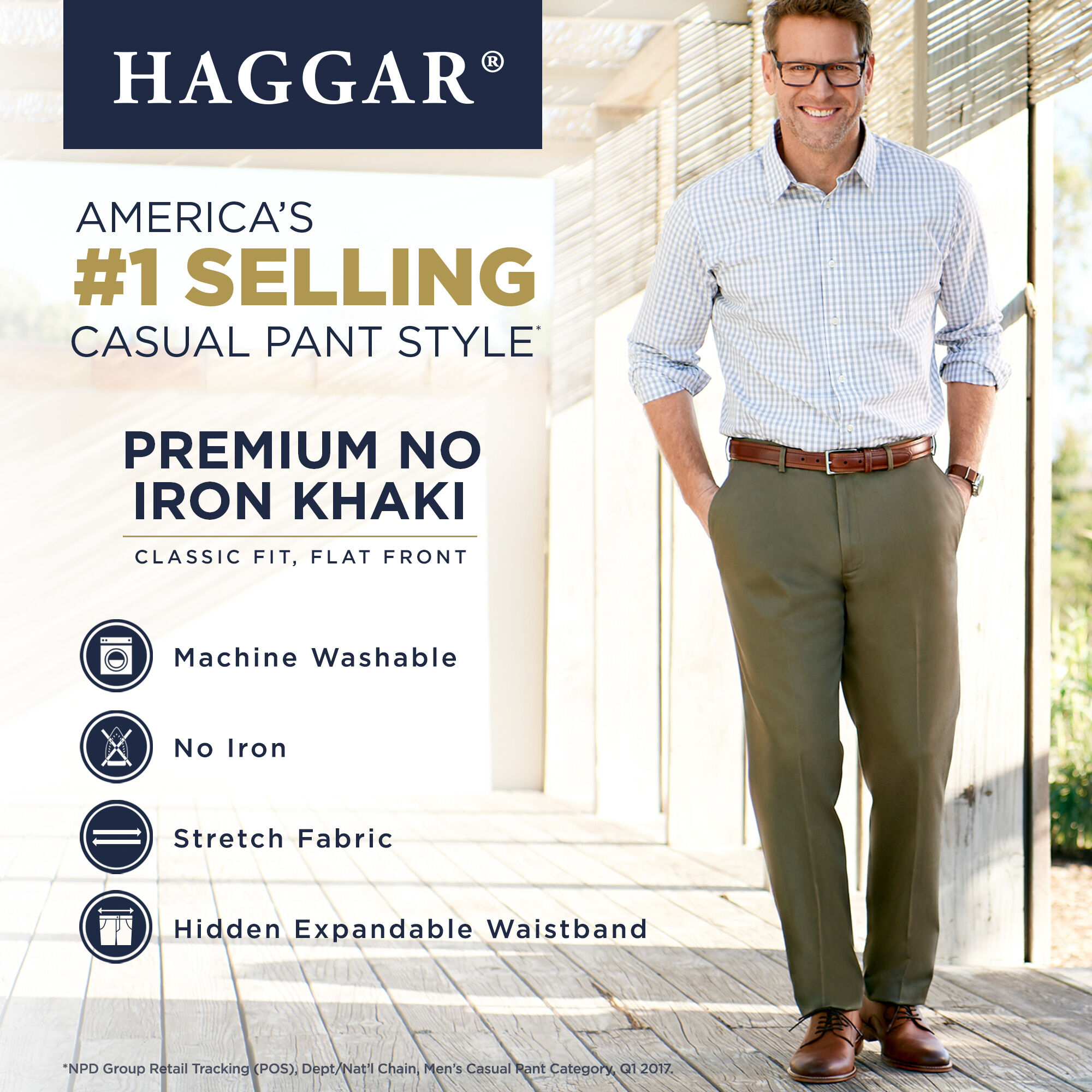 Haggar Mens Premium No Iron Khaki Classic Fit Expandable Waist Flat Front Pant