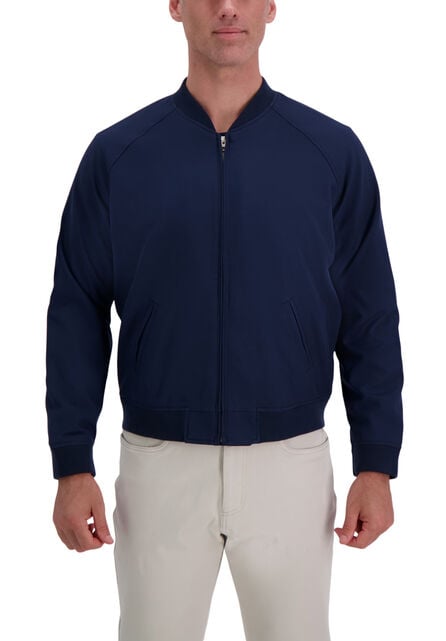 Stretch Gabardine Solid Full-Zip Bomber Jacket, Navy