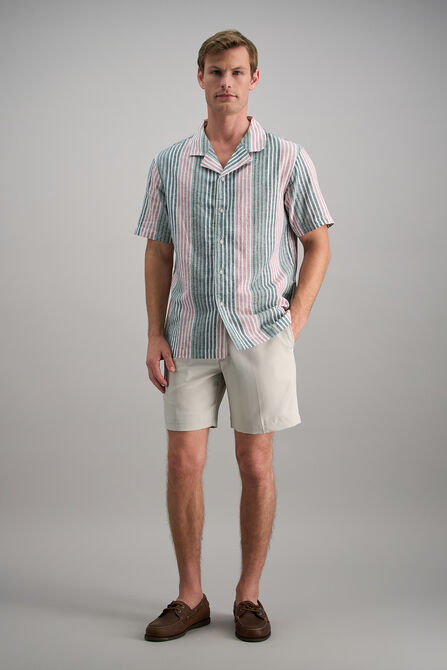 Short Sleeve Linen Stripe Camp Shirt, Pink view# 3