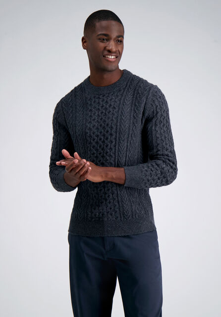 Long Sleeve Aran Cable Sweater, Charcoal Htr