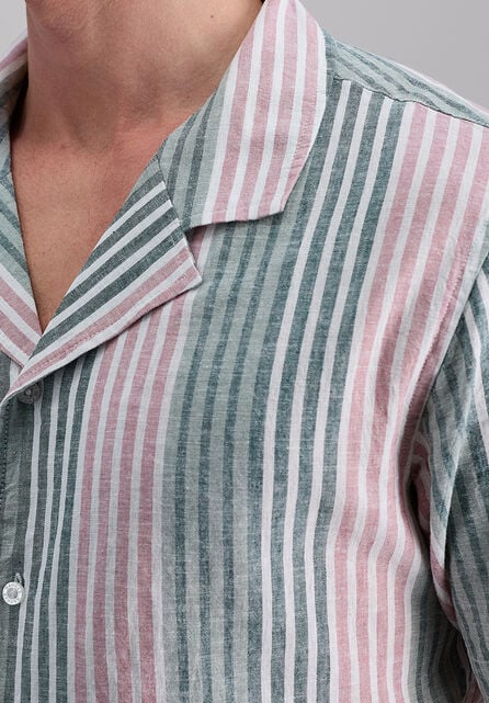 Short Sleeve Linen Stripe Camp Shirt, Pink