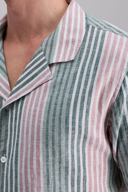 Short Sleeve Linen Stripe Camp Shirt, Pink view# 2