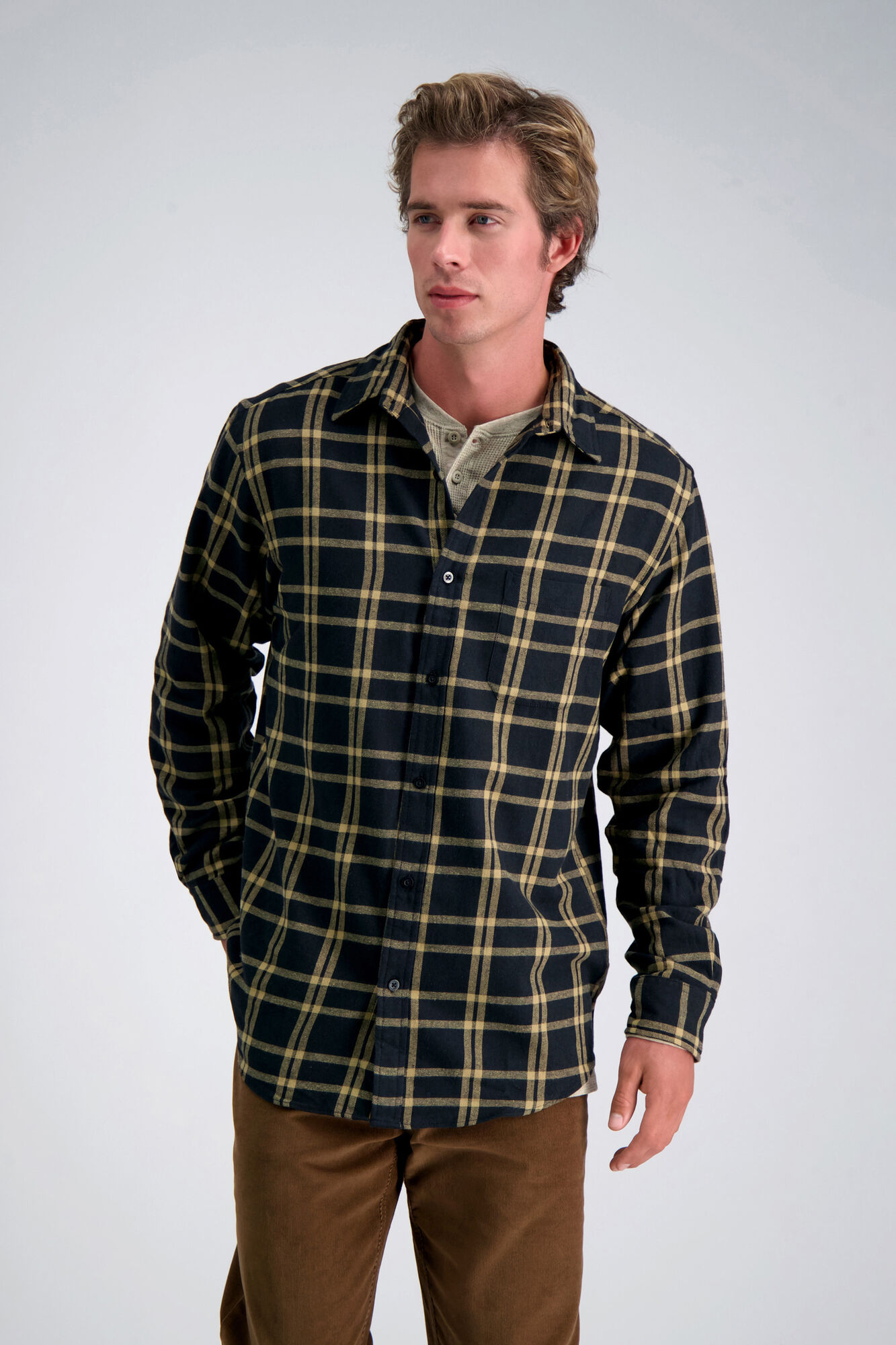 Haggar Long Sleeve Flannel Shirt Mocha (HW00575 Clothing Shirts & Tops) photo