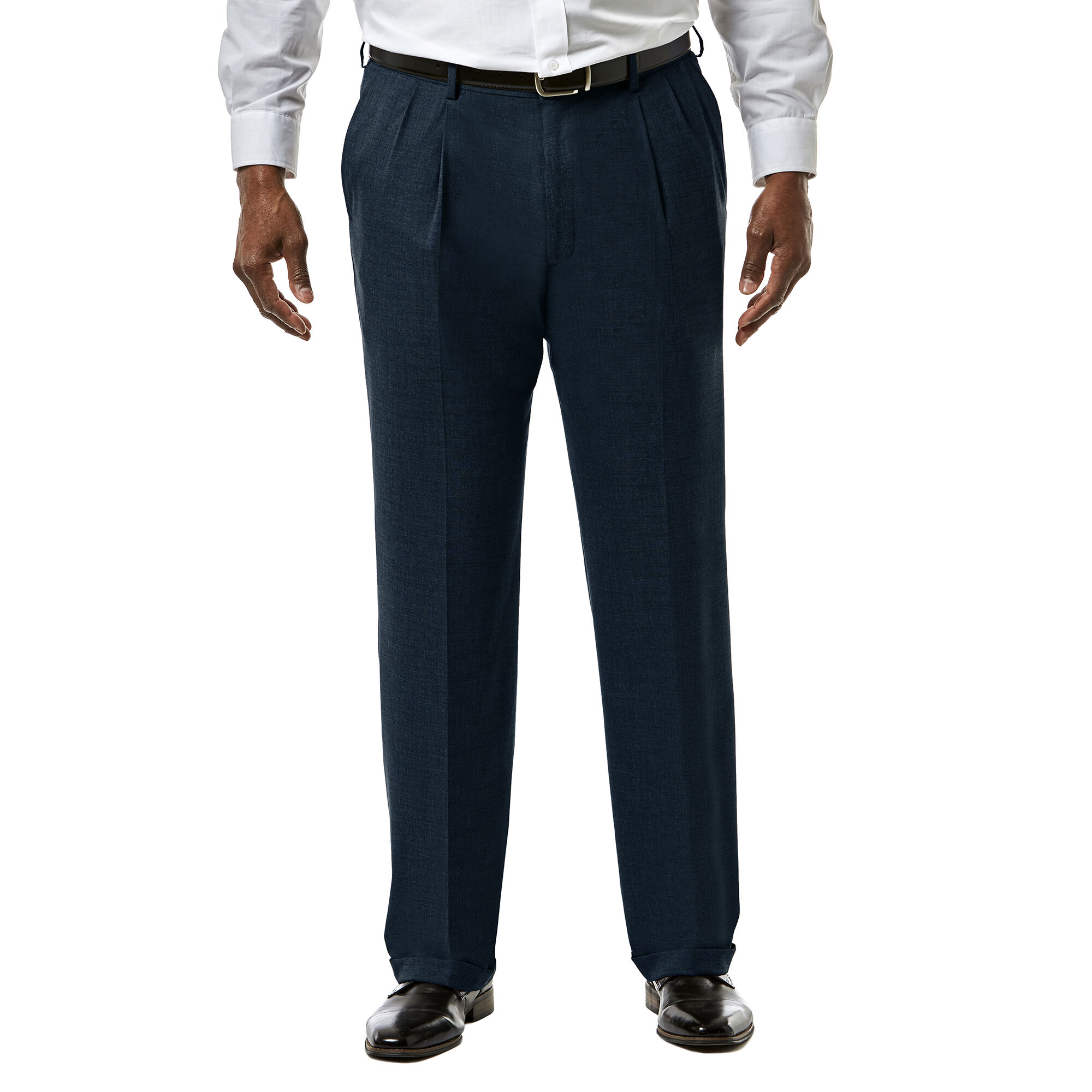 Big & Tall J.M. Haggar Premium Stretch Suit Pant - Pleated Front Dark Navy Big & Tall Classic Fit Pleated Front Hidden Expandable Waistband: Expands up to 3" 64% Polyester, 34% Viscoe Rayon 2% Spandex Dry Clean Only Imported Style #: HY91182 Size - XXL