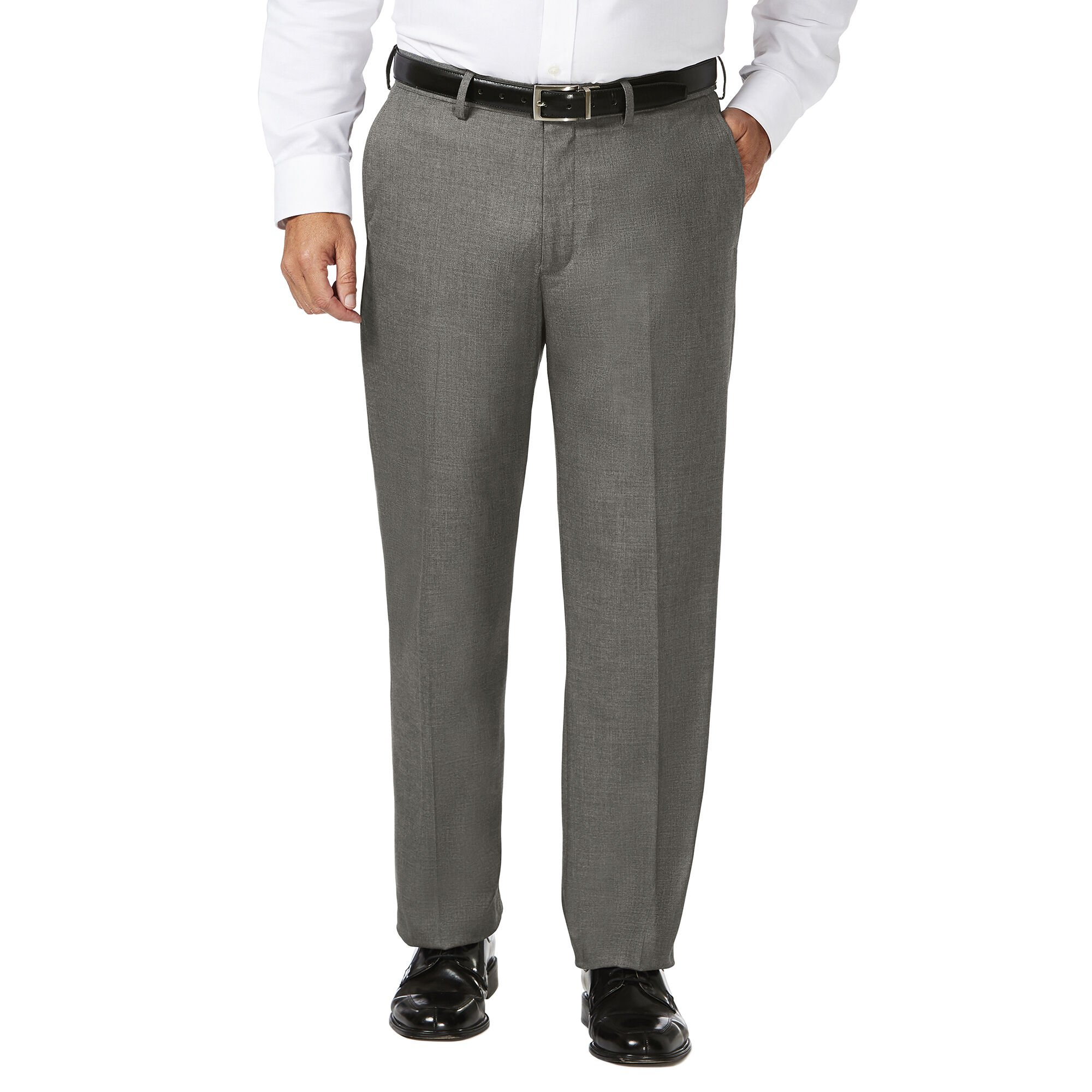 Big & Tall J.M. Haggar Dress Pant - Sharkskin Medium Grey Big & Tall Classic Fit Flat Front Hidden Expandable Waistband Hook and bar Closure 64% Polyester. 34% Viscoe Rayon 2% Spandex Dry Clean Only Imported Style #: HD90885 Size - NoSz