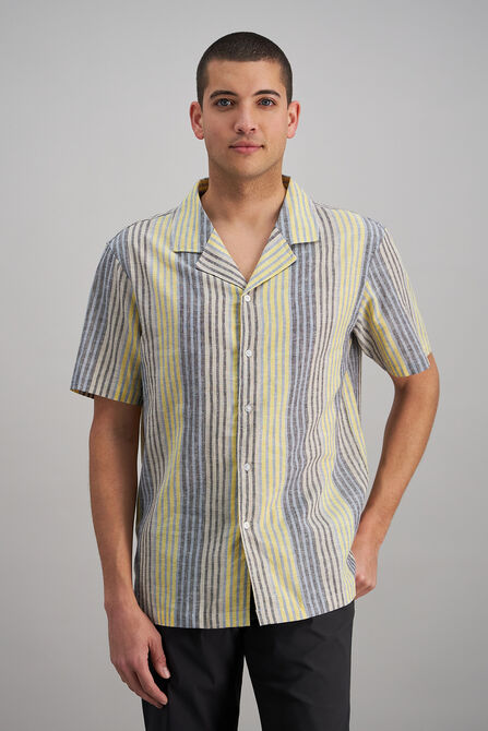Short Sleeve Linen Stripe Camp Shirt, Yellow view# 1