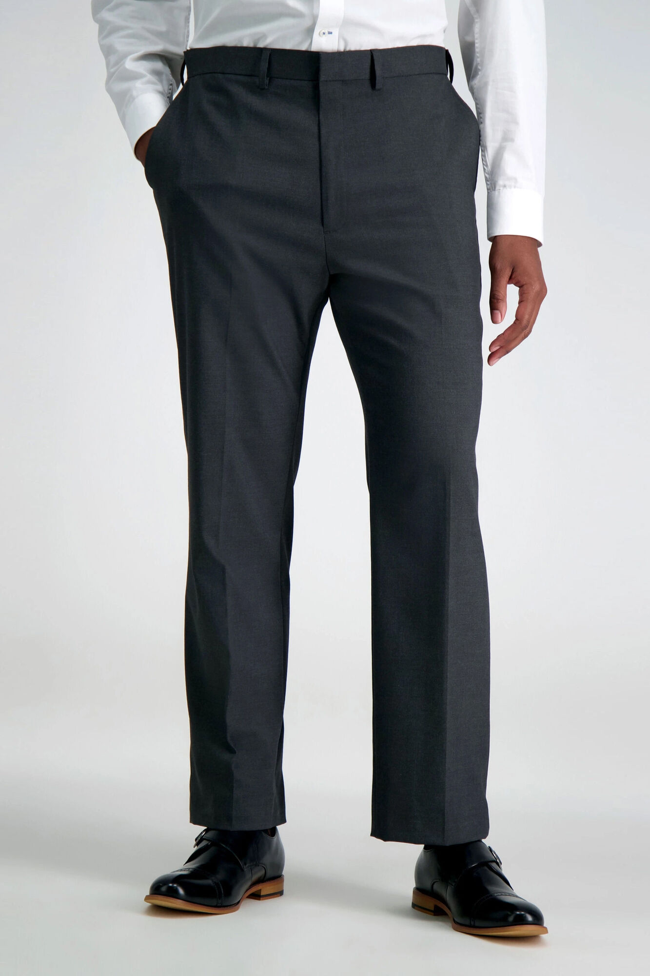 Big & Tall J.M. Haggar Premium Stretch Suit Pant - Flat Front Dark Heather Grey Big & Tall Classic Fit Flat Front Hidden Expandable Waistband: Expands up to 3" 64% Polyester, 34% Viscoe Rayon 2% Spandex Dry Clean Only Imported Style #: HY90182 Size - NoSz