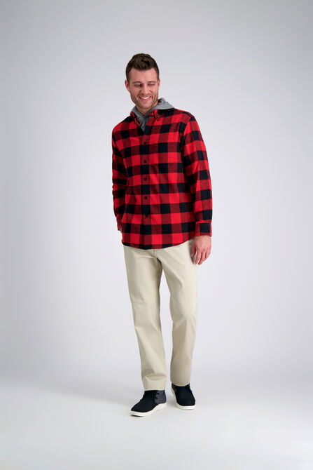 Long Flannel Plaid Shirt, Red view# 3