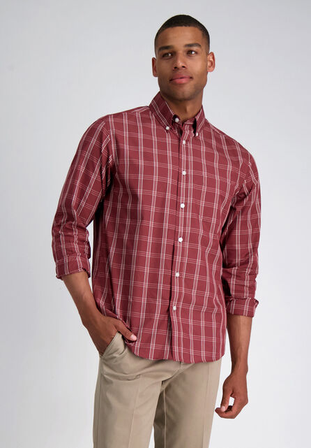 Long Sleeve Plaid Button Down Shirt, Heather Burgundy