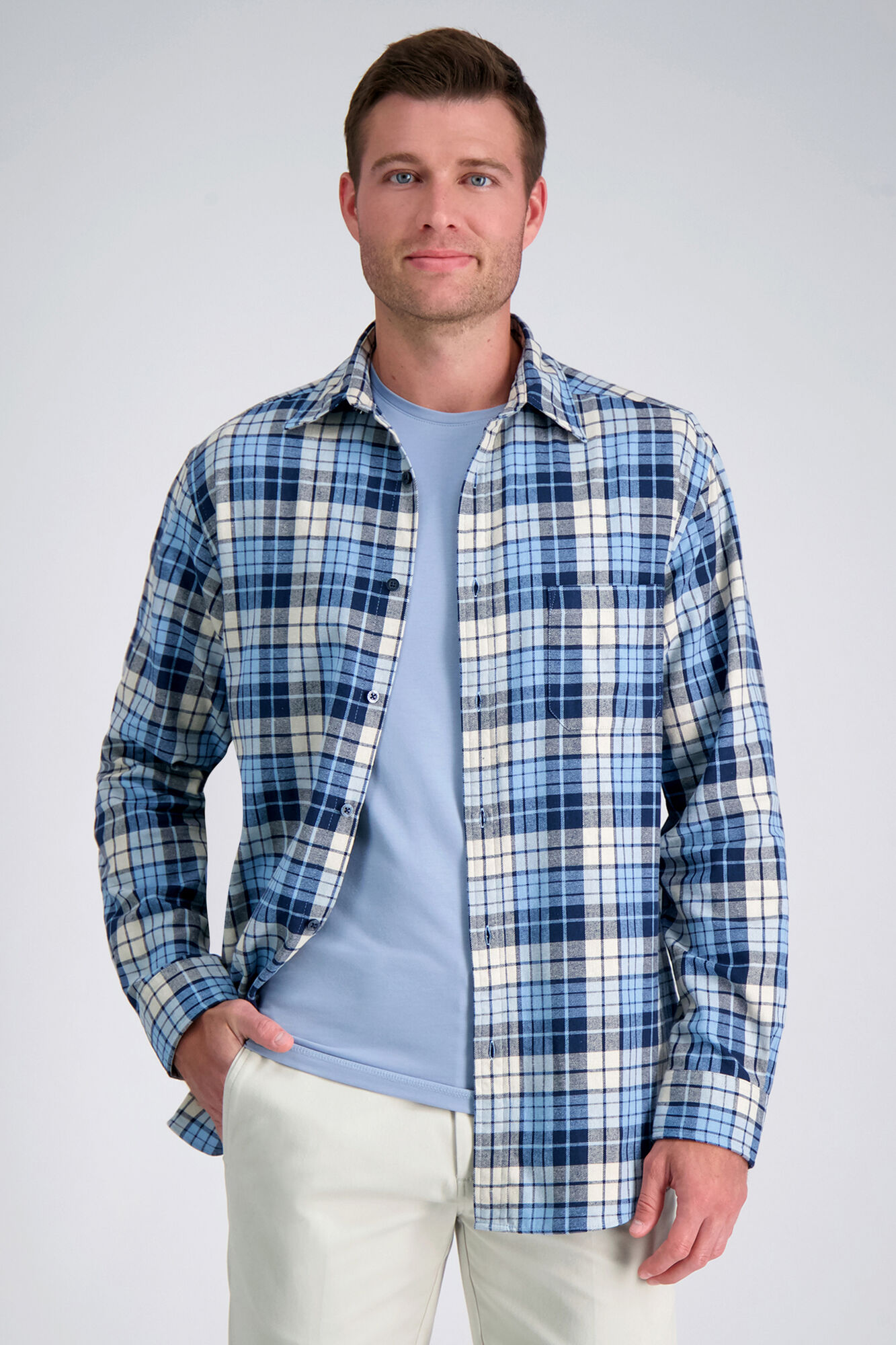 Haggar Long Sleeve Flannel Plaid Shirt Blue (HW00579) photo