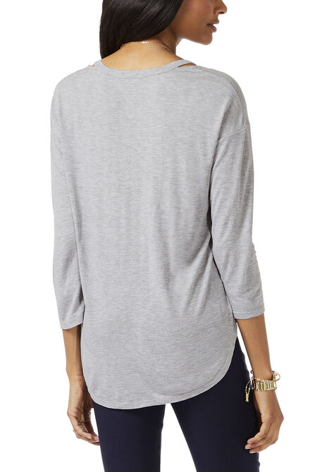 3/4 Sleeve Neck Detail Top, Grey Mix view# 2