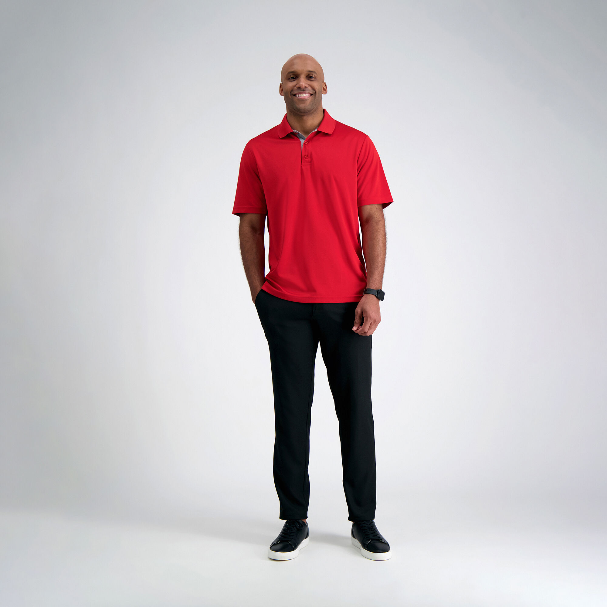 Red polo grey pants outlet