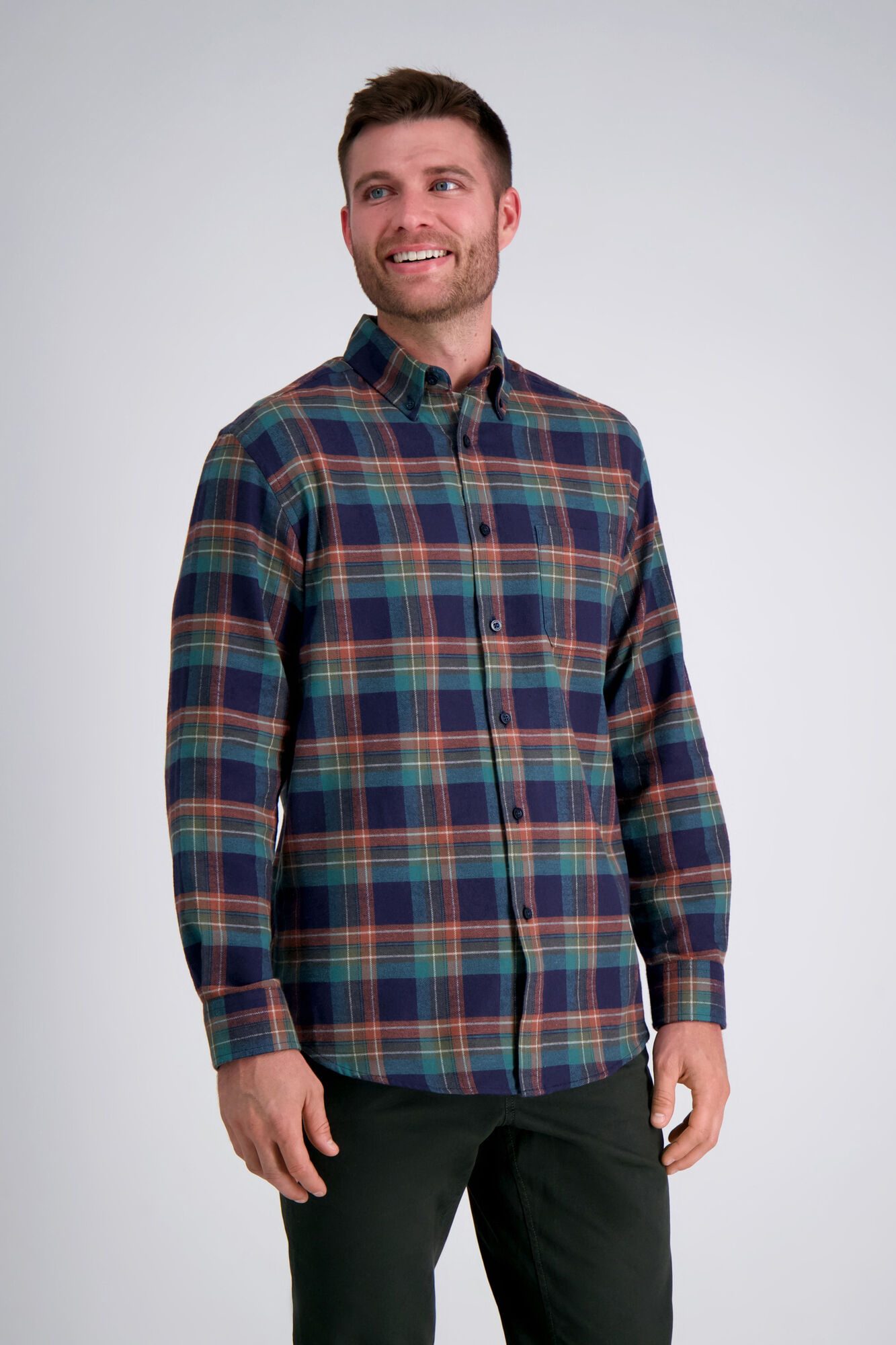 Haggar Long Flannel Plaid Shirt Teal (HW00458 Clothing Shirts & Tops) photo